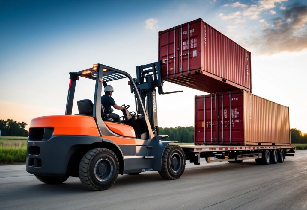 En gaffeltruck lyfter en fraktcontainer på en flaklastbil