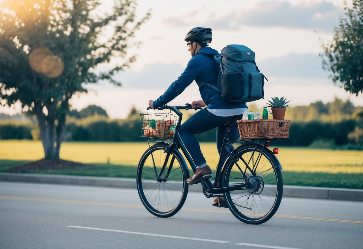 En person som cyklar med en korg fäst, bärande på olika föremål som matvaror, en ryggsäck och en krukväxt